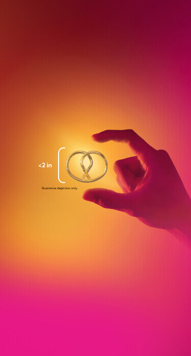 INLEXZO™ device depicted ( <2 in, Illustrative depiction only). A thin strand that is folded into a pretzel-shape. Shown fitting between a thumb and pointer-finger.