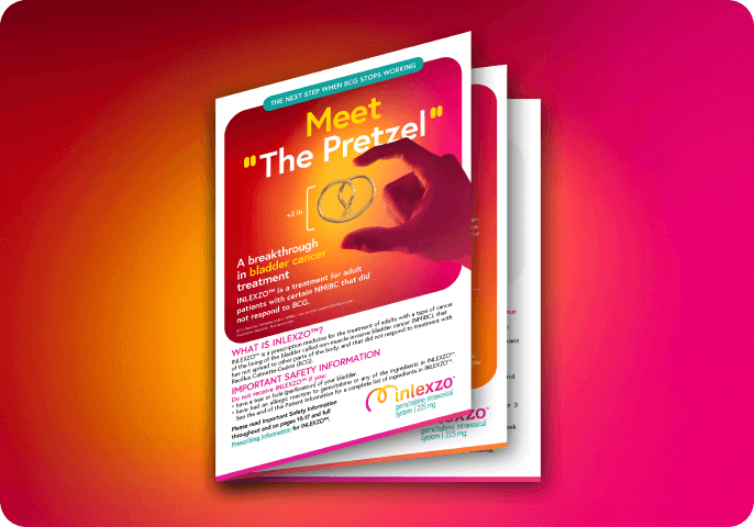 Patient brochure with headline "Meet 'The Pretzel'", with the pretzel shaped device visible on the front cover.